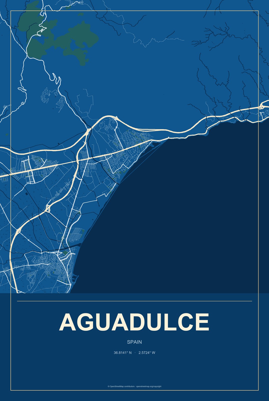 Aguadulce, Spain City Map Aluminum Sign in Harbor Cobalt style