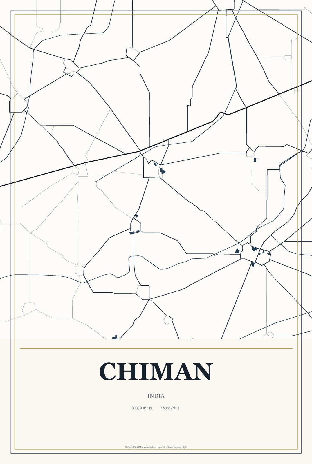 Chiman, India City Map Aluminum Sign in Citrine Modern style