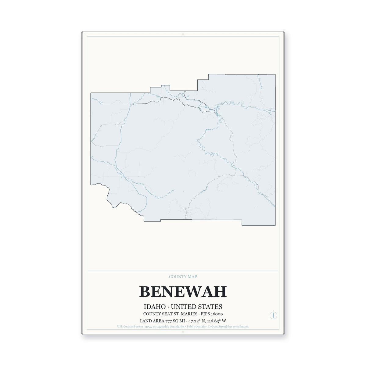 Benewah County, Idaho Map Aluminum Sign in Gallery Air style