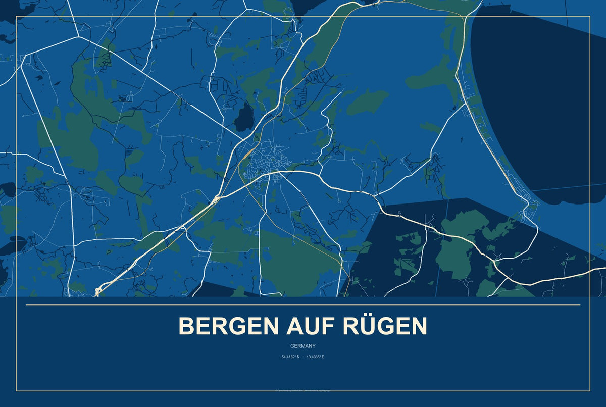 Bergen auf Rügen, Germany City Map Aluminum Sign in Harbor Cobalt style