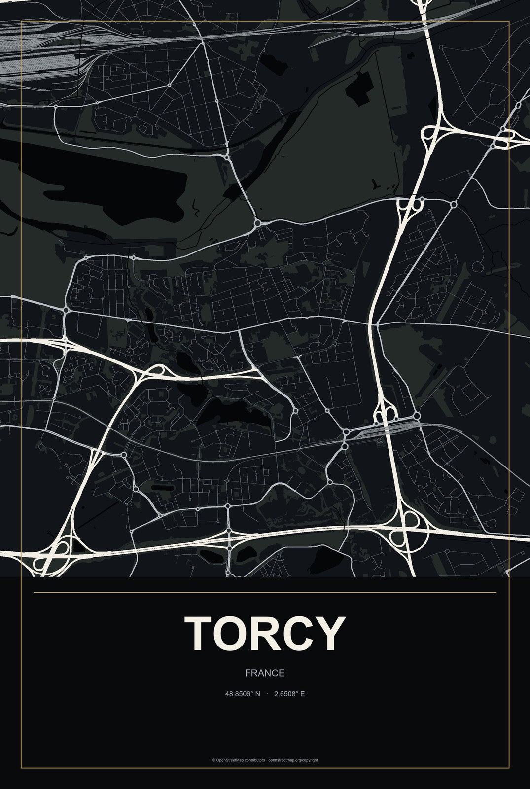 Torcy, France City Map Aluminum Sign in Metropolitan Noir style