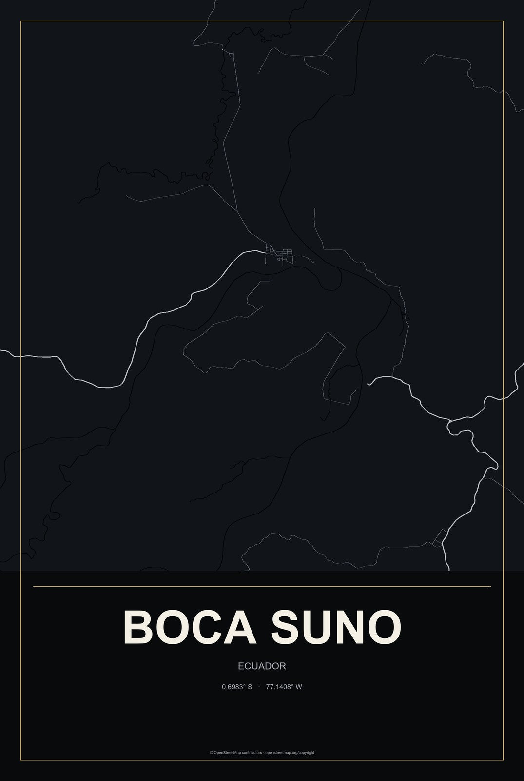 Boca Suno, Ecuador City Map Aluminum Sign in Metropolitan Noir style