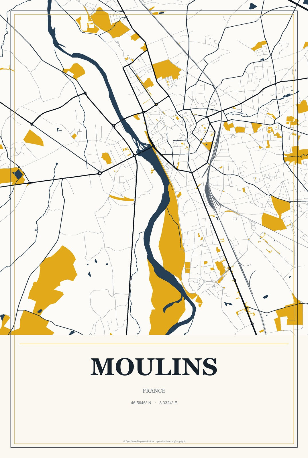 Moulins, France City Map Aluminum Sign in Citrine Modern style