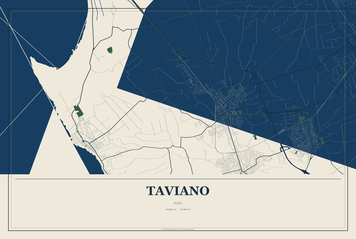 Taviano, Italy City Map Aluminum Sign in Coastal Cutout style