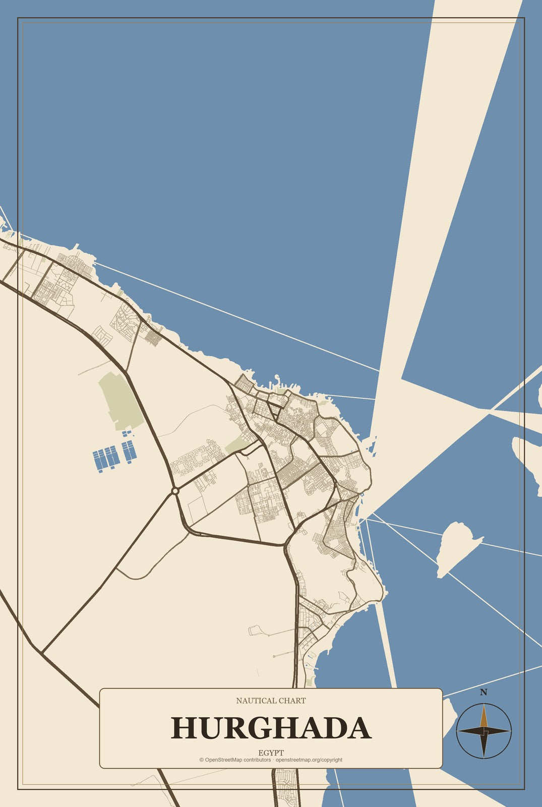Hurghada, Egypt City Map Aluminum Sign in Heritage Nautical style