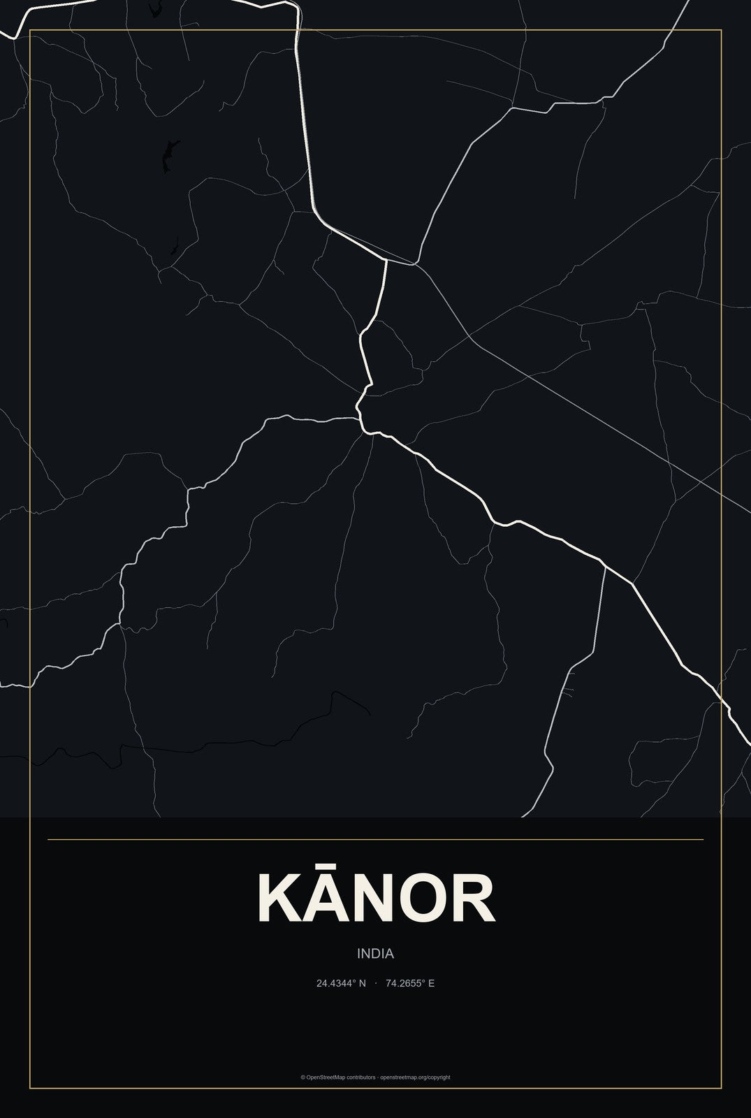 Kānor, India City Map Aluminum Sign in Metropolitan Noir style