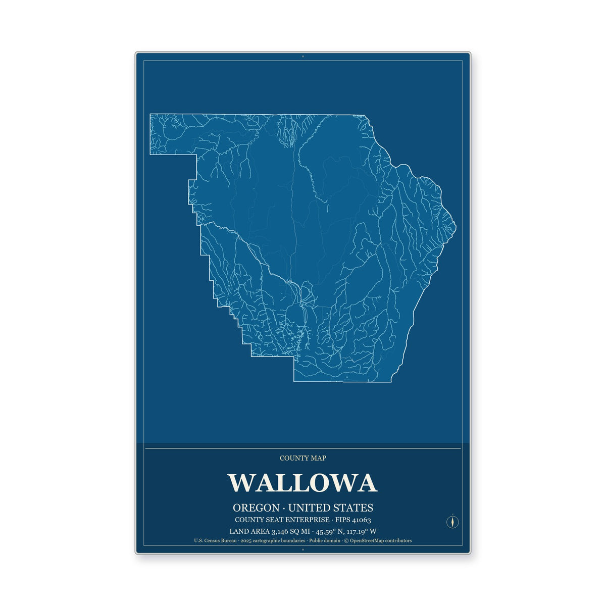 Wallowa County, Oregon Map Aluminum Sign in Harbor Cobalt style