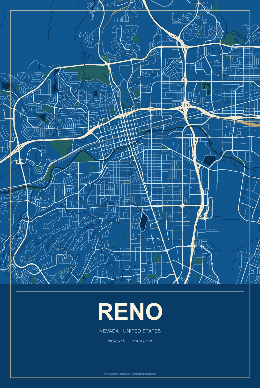 Reno, Nevada City Map Aluminum Sign in Harbor Cobalt style