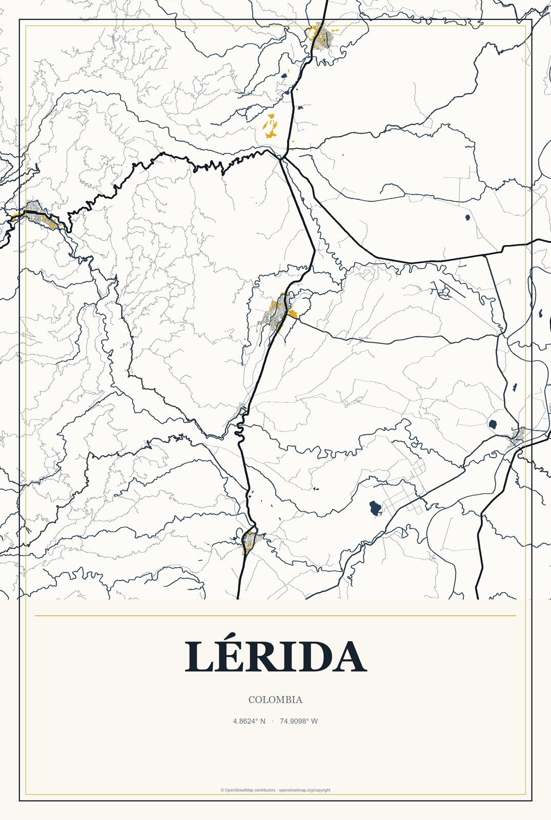 Lérida, Colombia City Map Aluminum Sign in Citrine Modern style