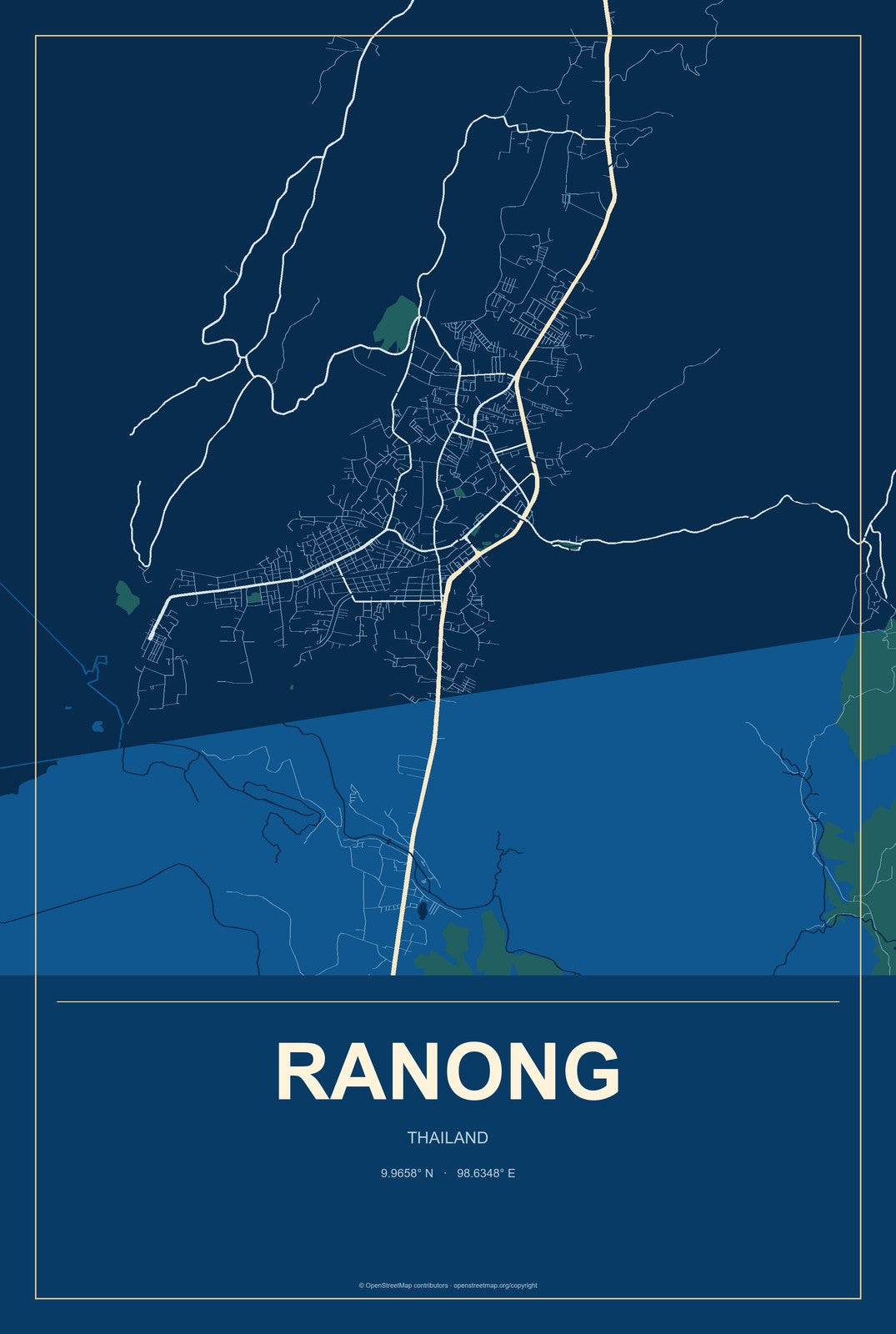Ranong, Thailand City Map Aluminum Sign in Harbor Cobalt style