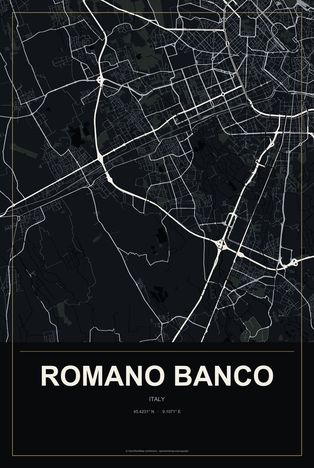 Romano Banco, Italy City Map Aluminum Sign in Metropolitan Noir style