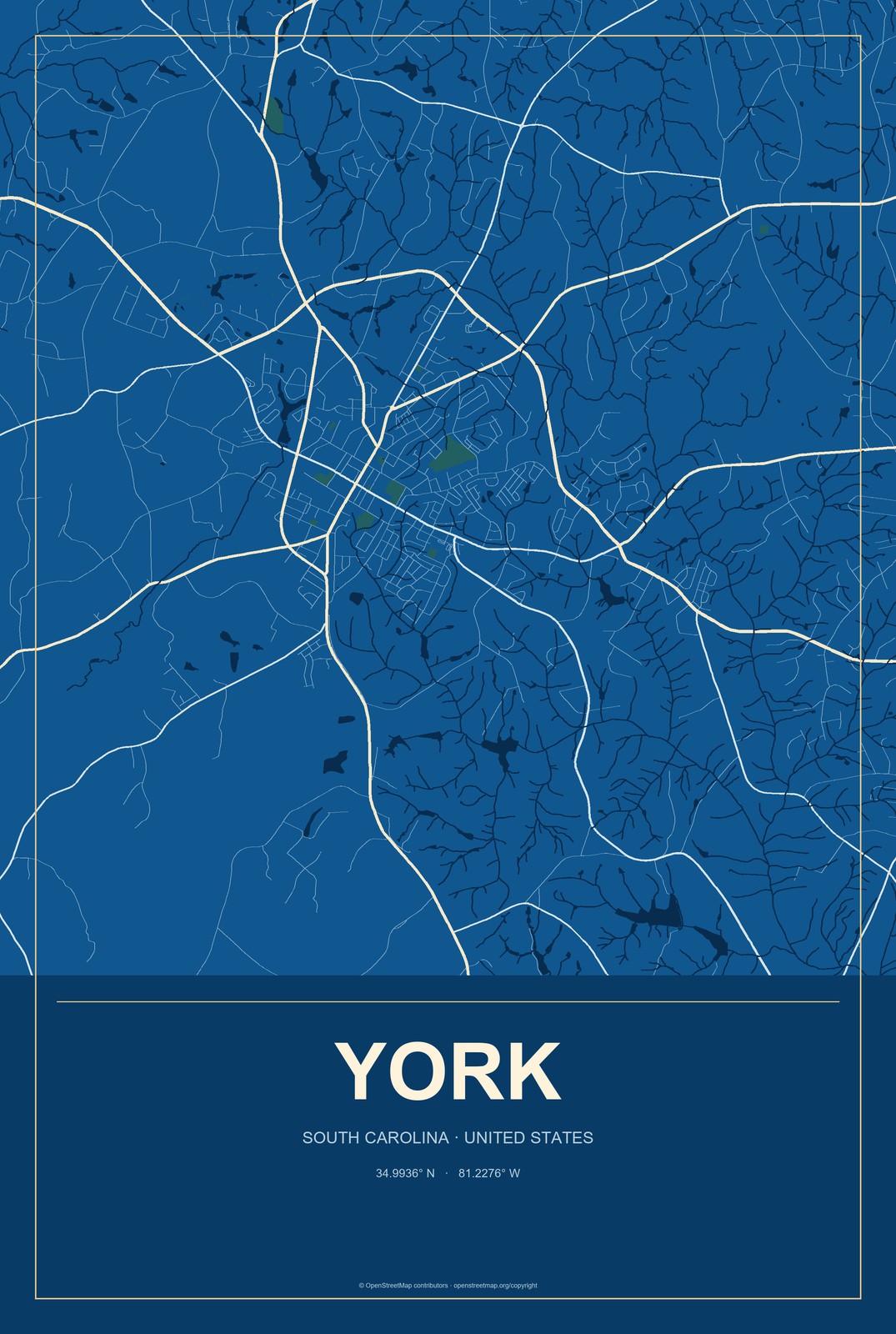 York, South Carolina City Map Aluminum Sign in Harbor Cobalt style