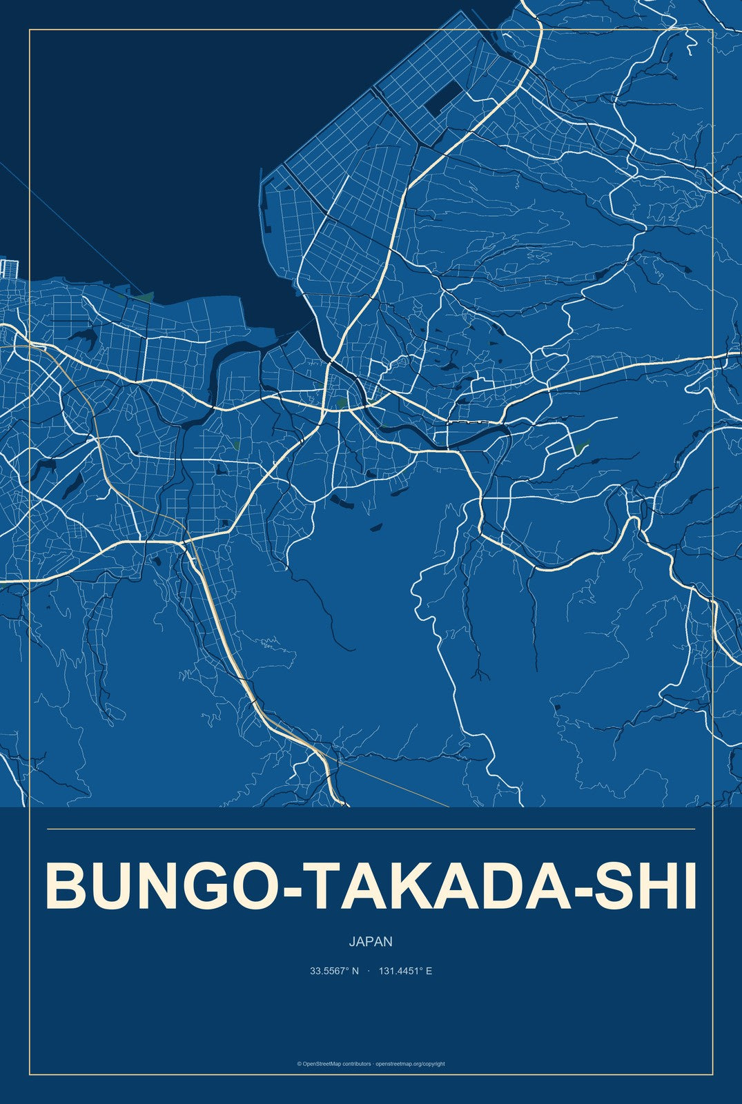 Bungo-Takada-shi, Japan City Map Aluminum Sign in Harbor Cobalt style
