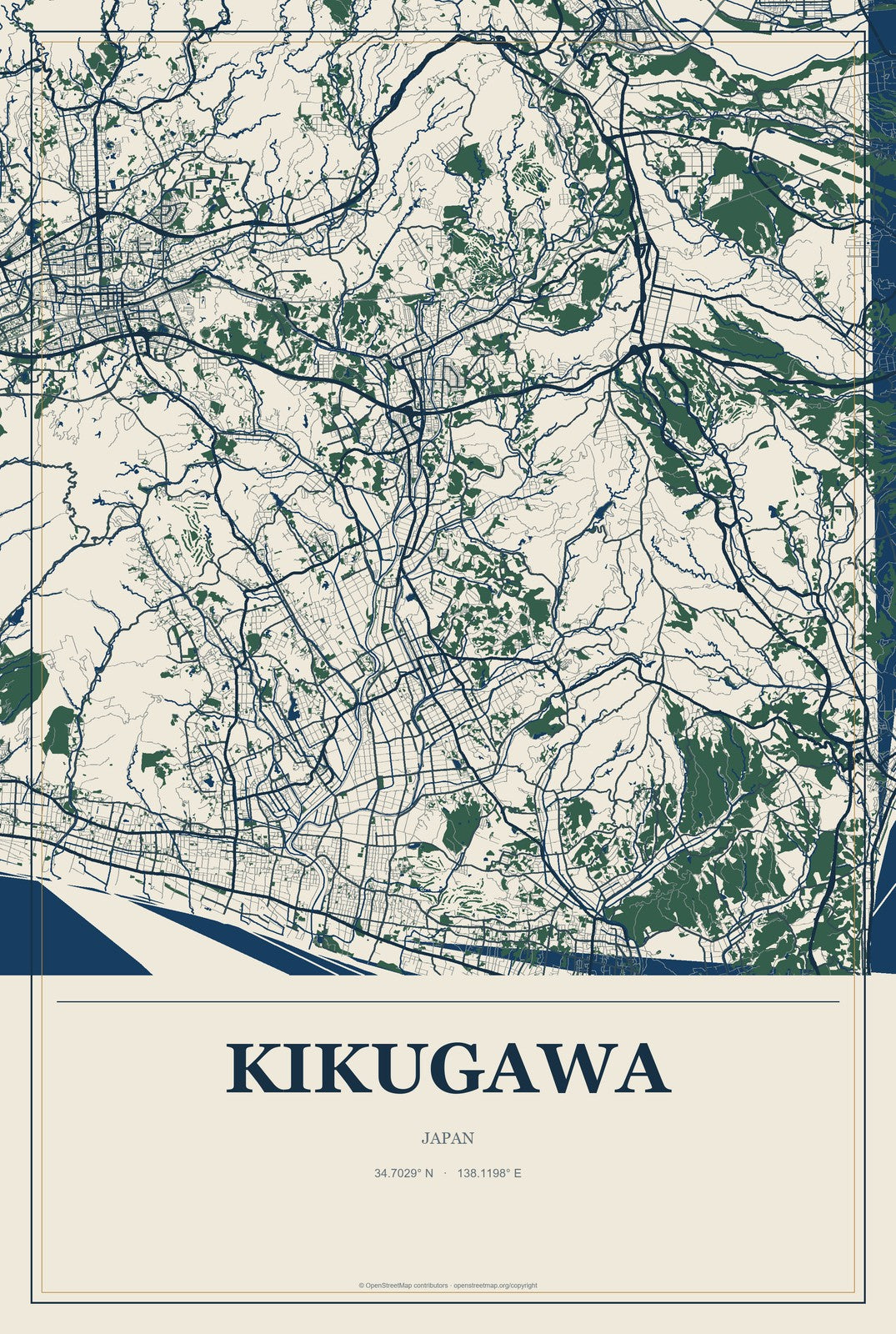 Kikugawa, Japan City Map Aluminum Sign in Coastal Cutout style