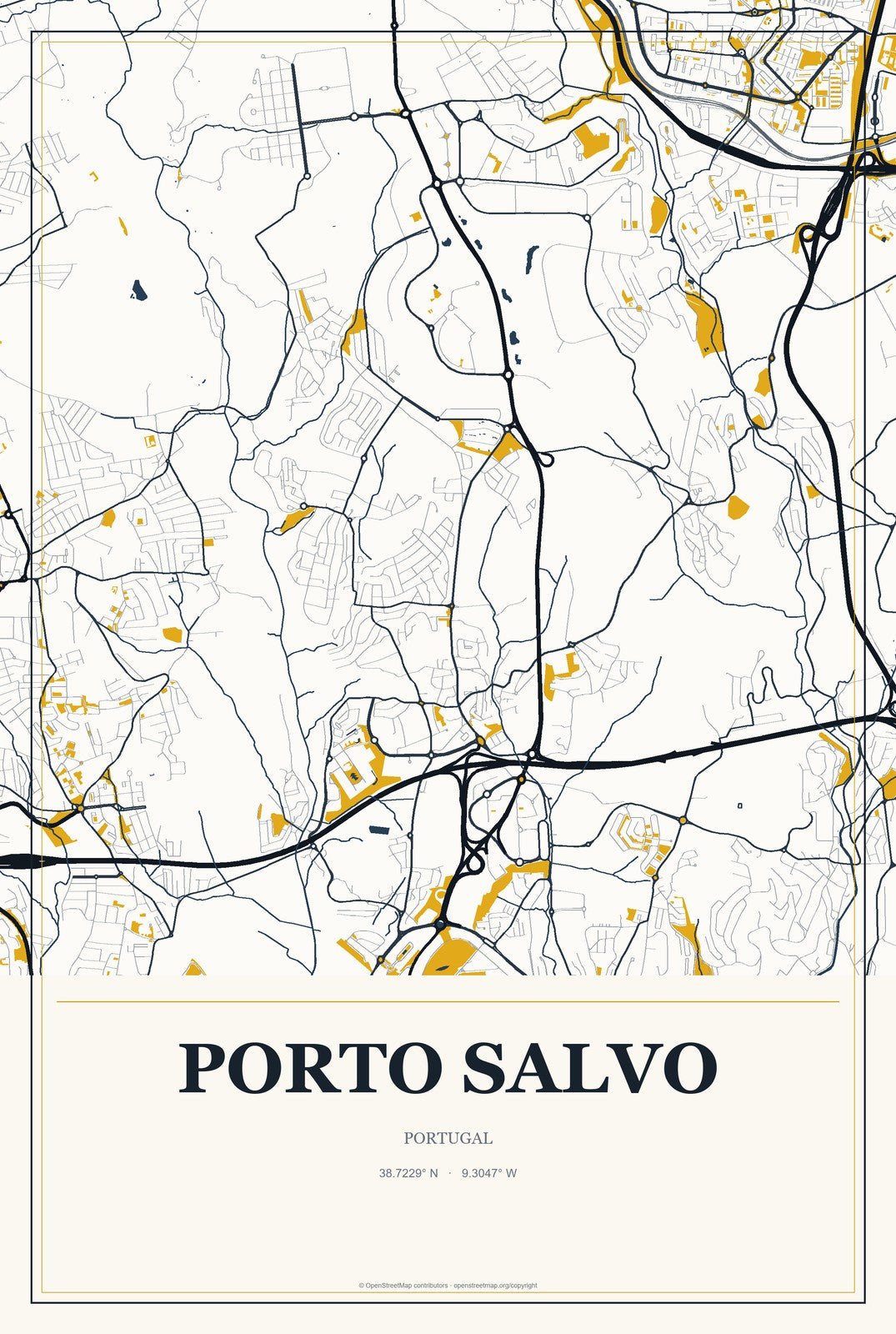 Porto Salvo, Portugal City Map Aluminum Sign in Citrine Modern style