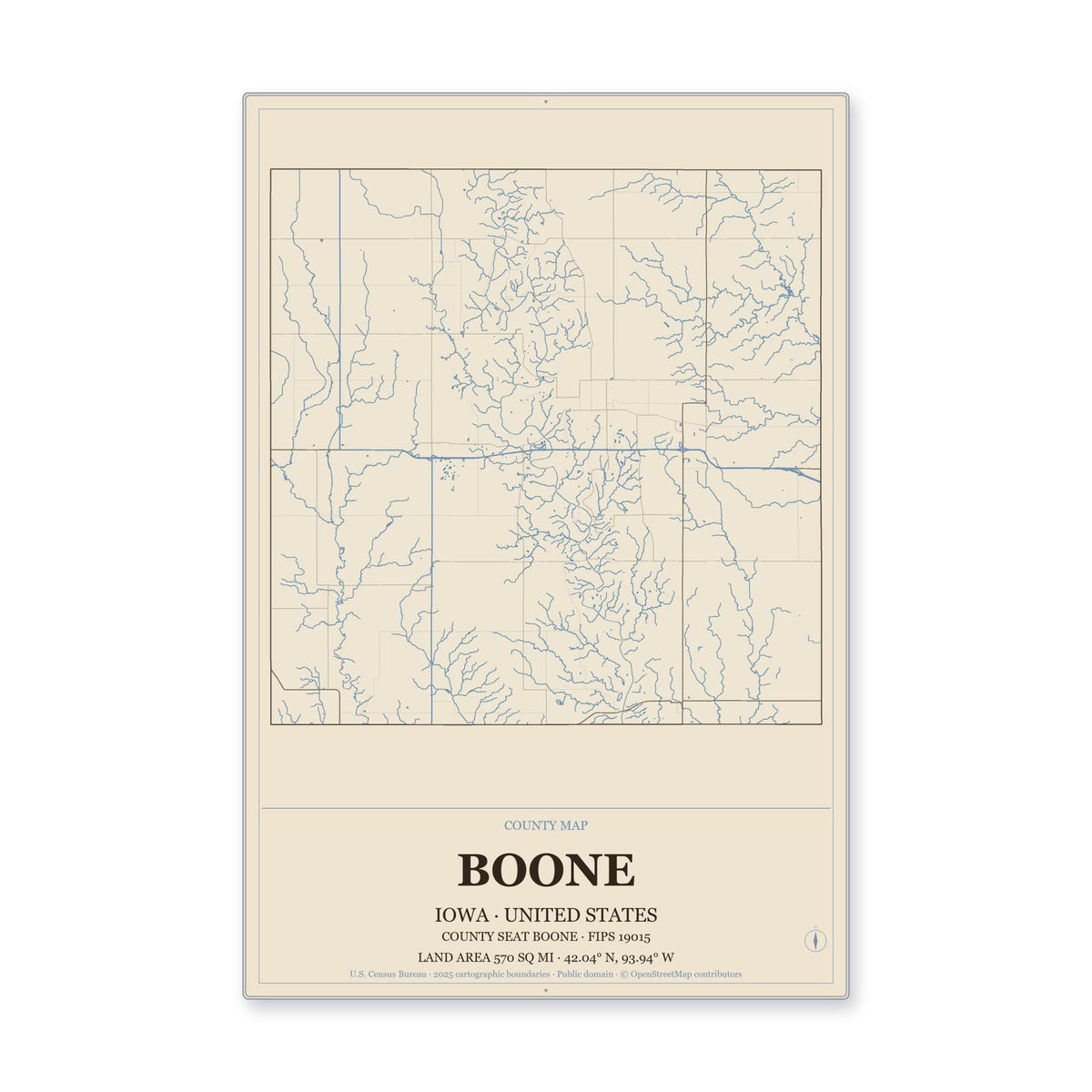 Boone County, Iowa Map Aluminum Sign in Heritage Nautical style