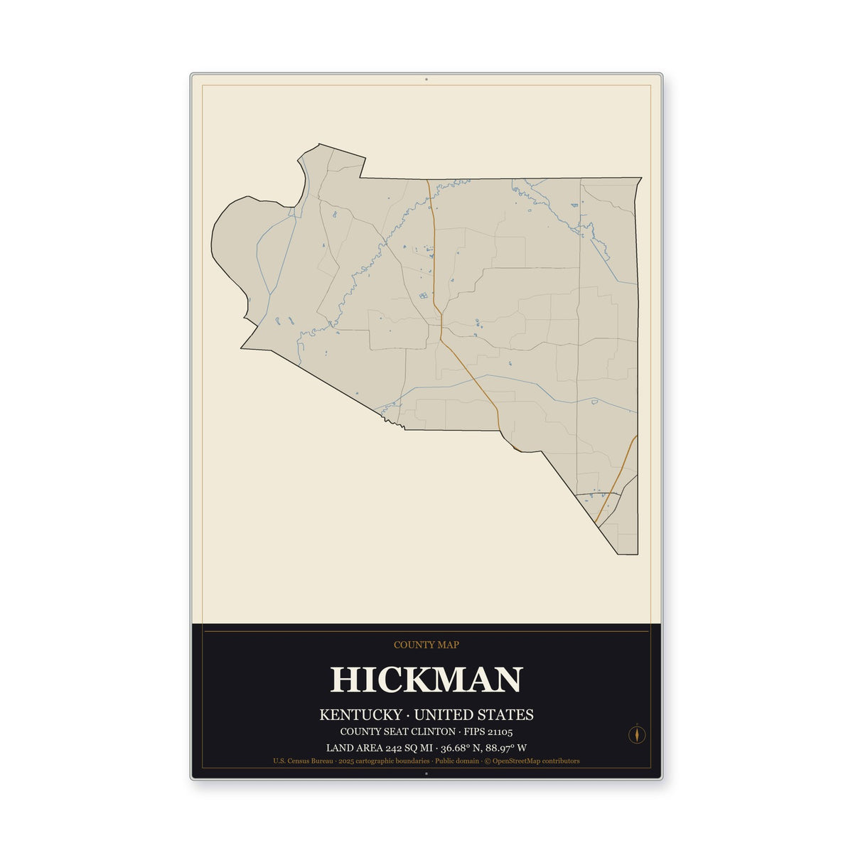 Hickman County, Kentucky Map Aluminum Sign in Museum Plaque style