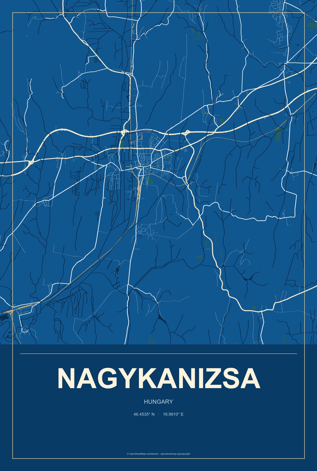 Nagykanizsa, Hungary City Map Aluminum Sign in Harbor Cobalt style