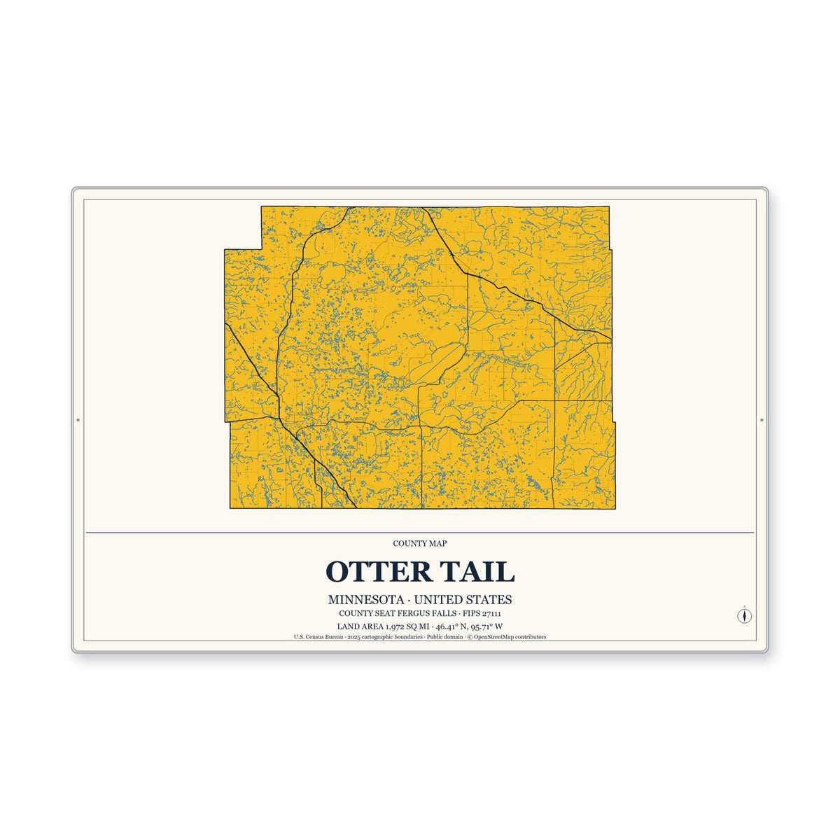 Otter Tail County, Minnesota Map Aluminum Sign in Citrine Modern style