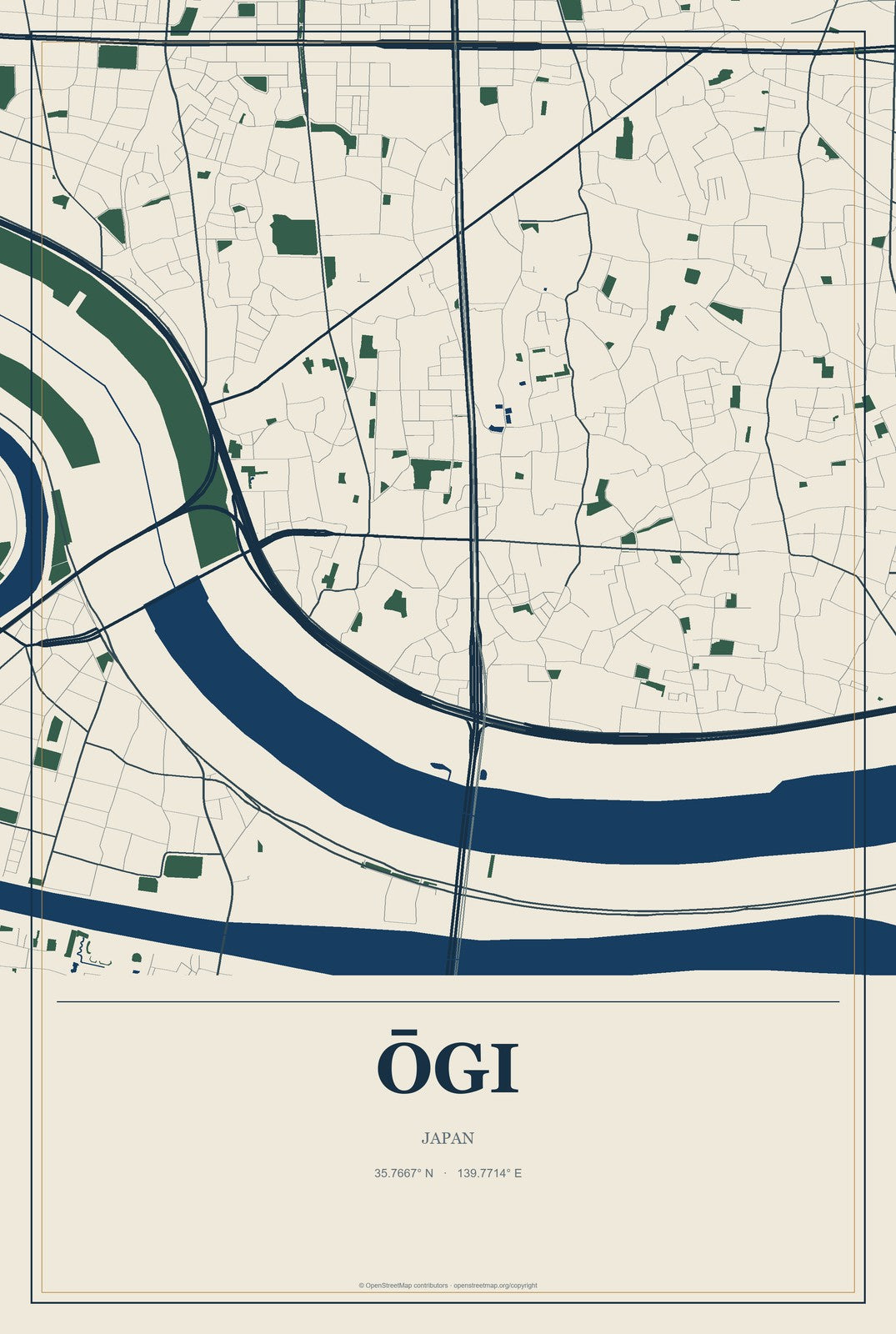 Ōgi, Japan City Map Aluminum Sign in Coastal Cutout style