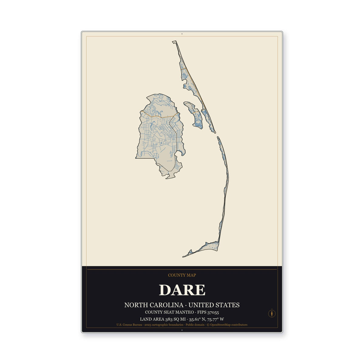 Dare County, North Carolina Map Aluminum Sign in Museum Plaque style