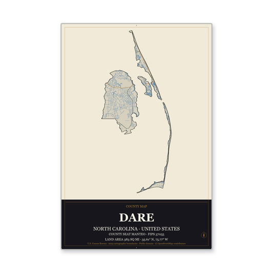 Dare County, North Carolina Map Aluminum Sign in Museum Plaque style