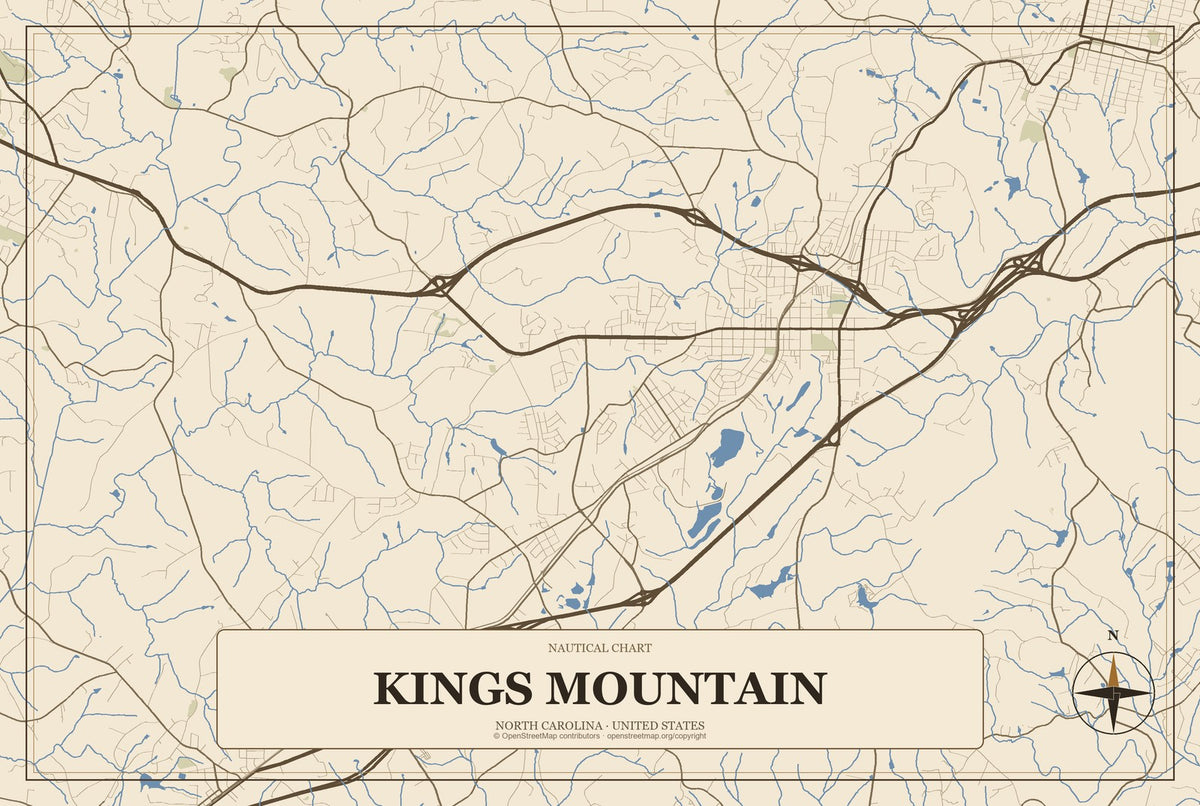 Kings Mountain, North Carolina City Map Aluminum Sign in Heritage Nautical style