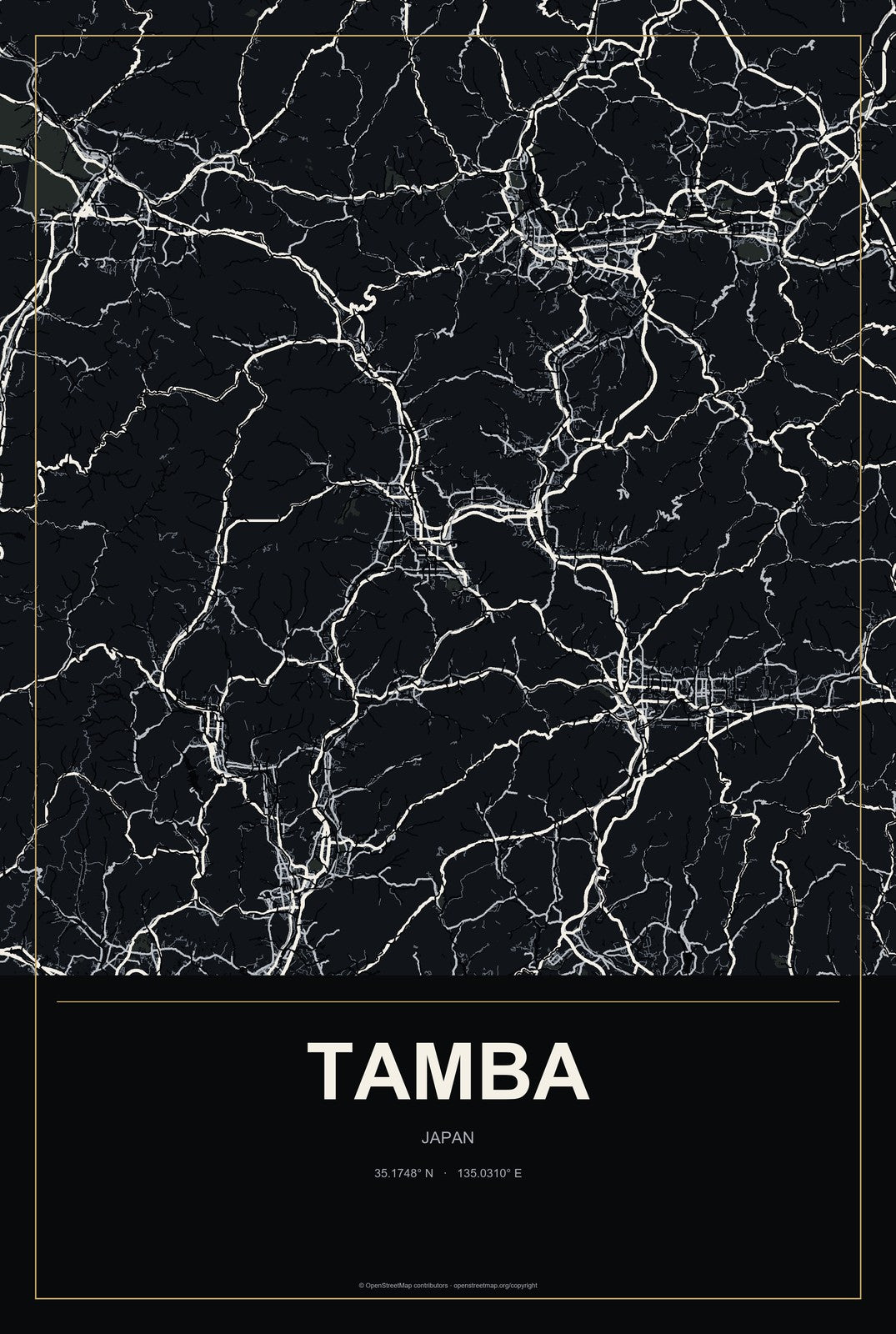 Tamba, Japan City Map Aluminum Sign in Metropolitan Noir style