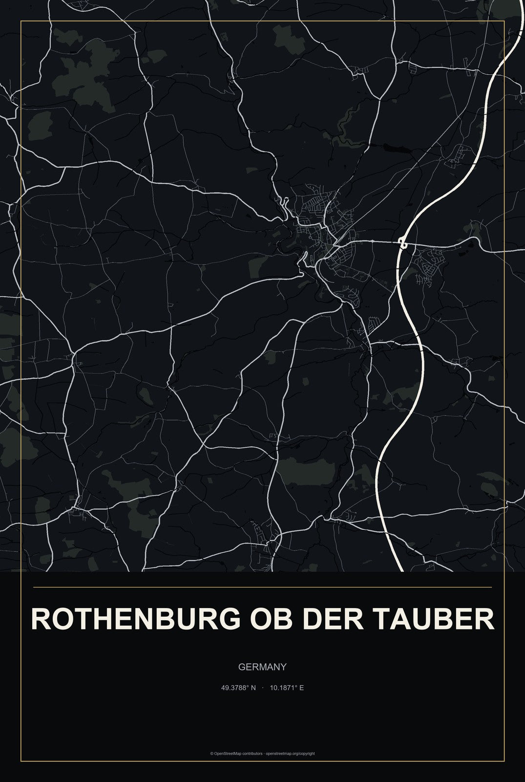 Rothenburg ob der Tauber, Germany City Map Aluminum Sign in Metropolitan Noir style