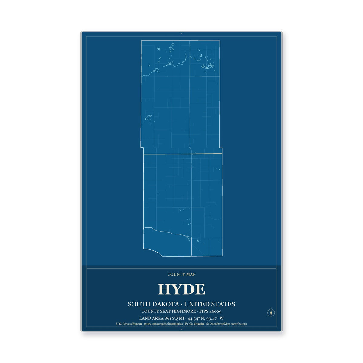 Hyde County, South Dakota Map Aluminum Sign in Harbor Cobalt style
