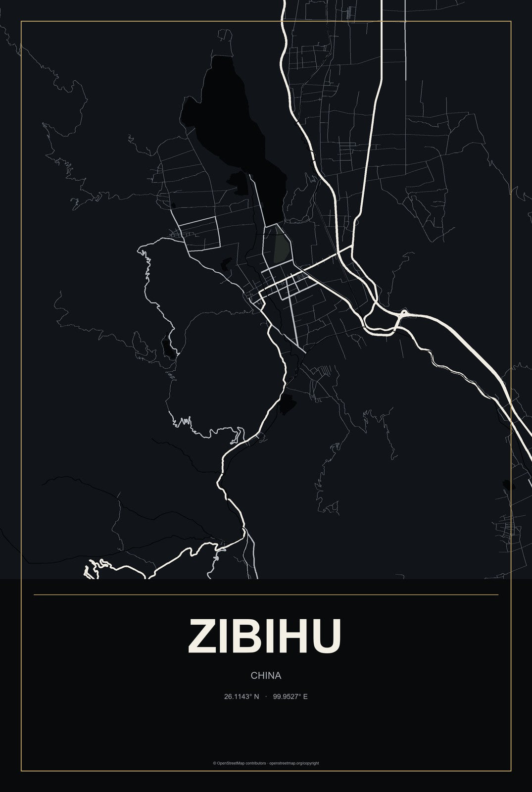 Zibihu, China City Map Aluminum Sign in Metropolitan Noir style