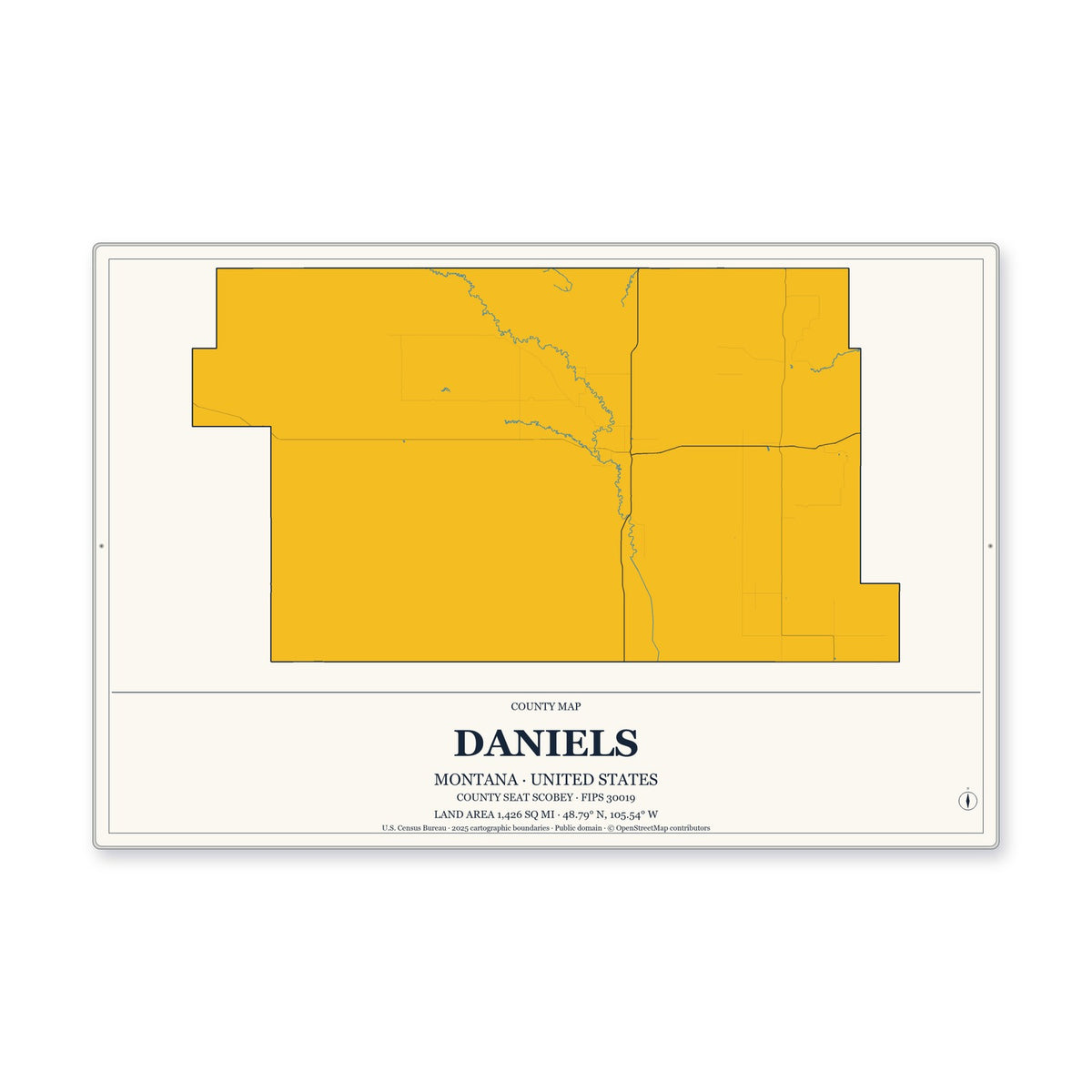Daniels County, Montana Map Aluminum Sign in Citrine Modern style