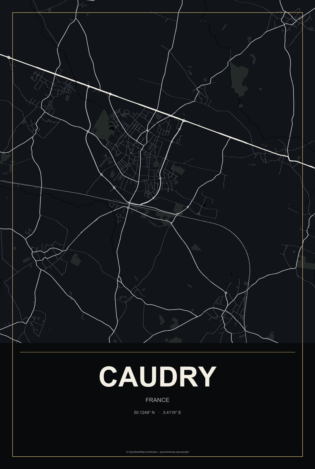 Caudry, France City Map Aluminum Sign in Metropolitan Noir style