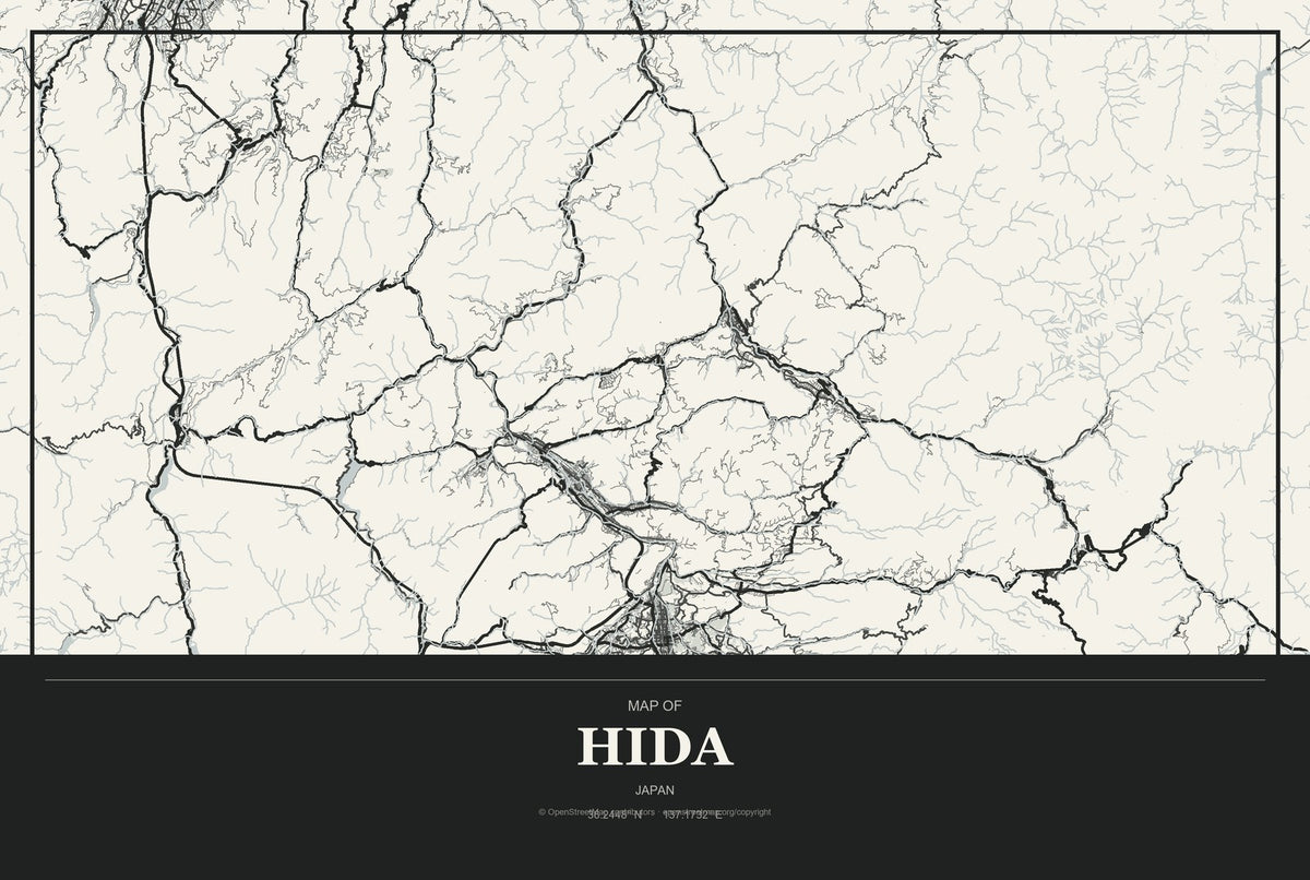 Hida, Japan City Map Aluminum Sign in Museum Plaque style