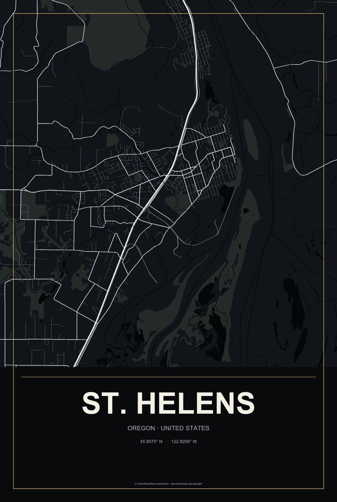 St. Helens, Oregon City Map Aluminum Sign in Metropolitan Noir style