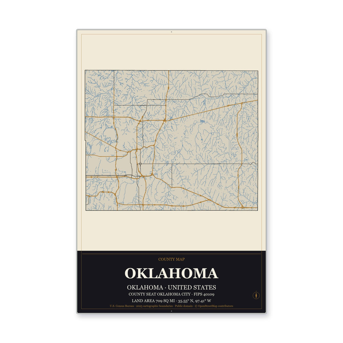 Oklahoma County, Oklahoma Map Aluminum Sign in Museum Plaque style