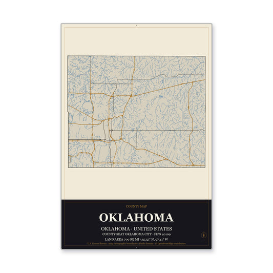 Oklahoma County, Oklahoma Map Aluminum Sign in Museum Plaque style