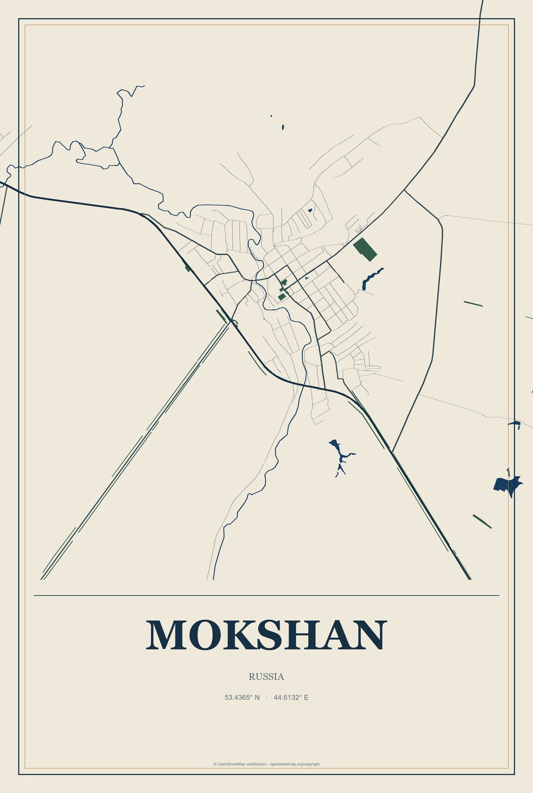 Mokshan, Russia City Map Aluminum Sign in Coastal Cutout style