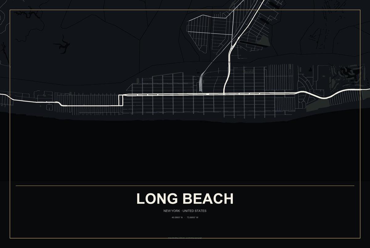 Long Beach, New York City Map Aluminum Sign in Metropolitan Noir style