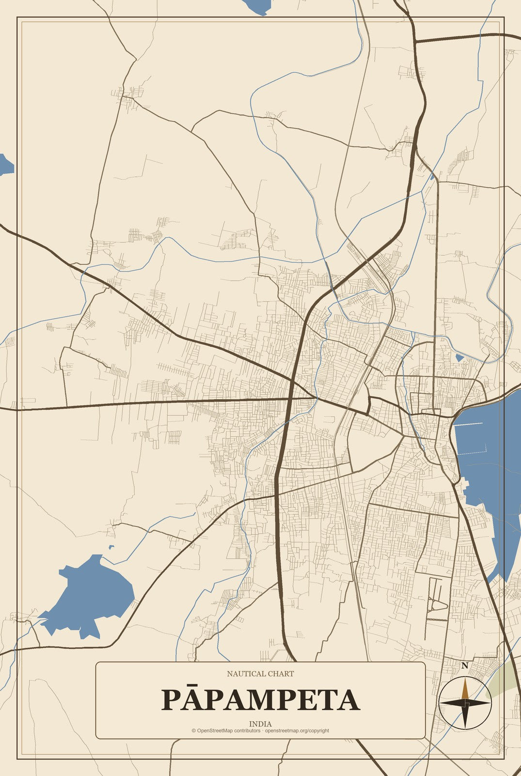 Pāpampeta, India City Map Aluminum Sign in Heritage Nautical style