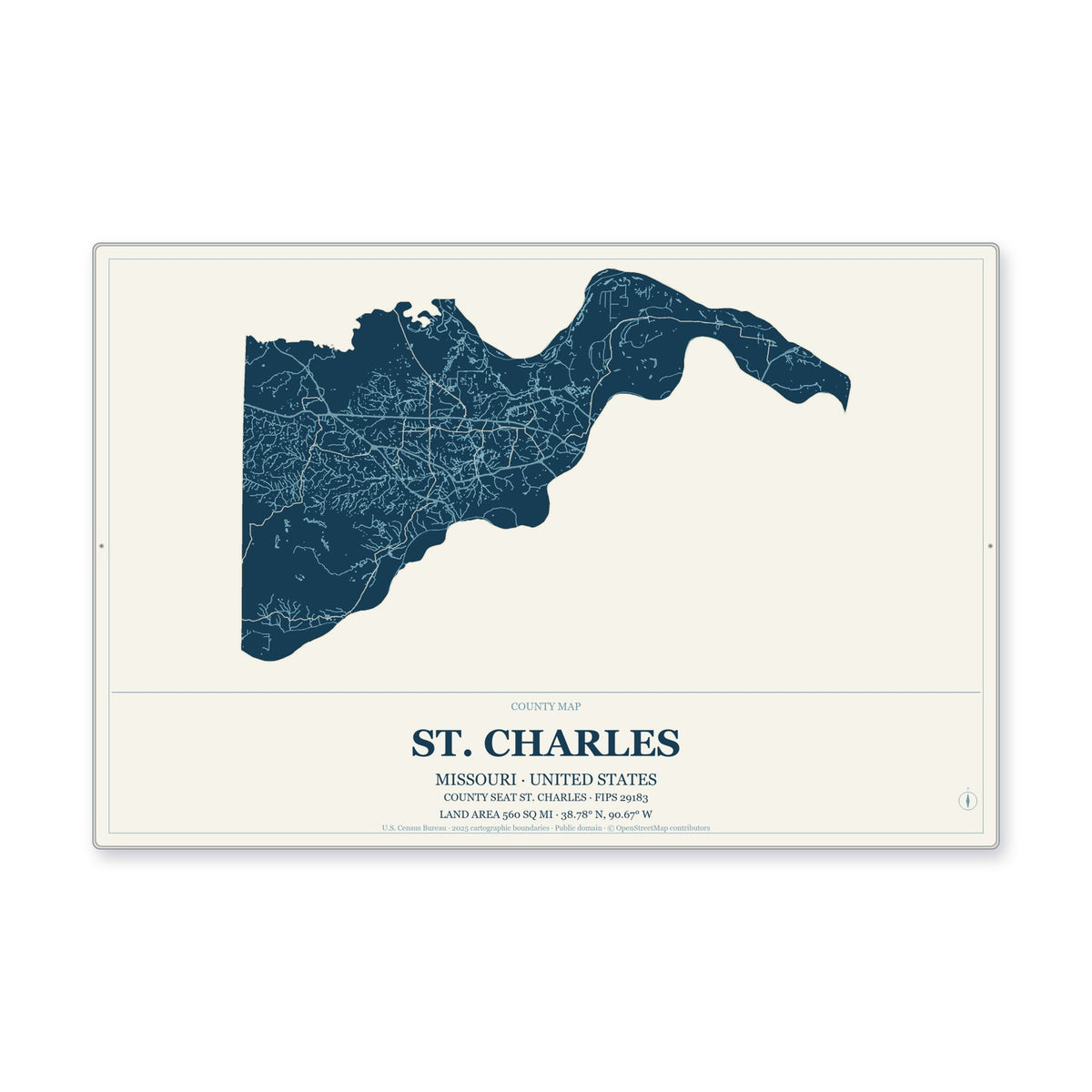 St. Charles County, Missouri Map Aluminum Sign in Coastal Cutout style