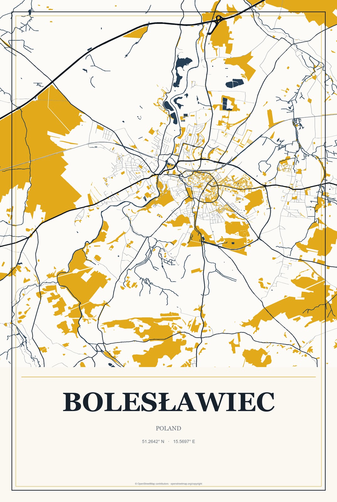 Bolesławiec, Poland City Map Aluminum Sign in Citrine Modern style