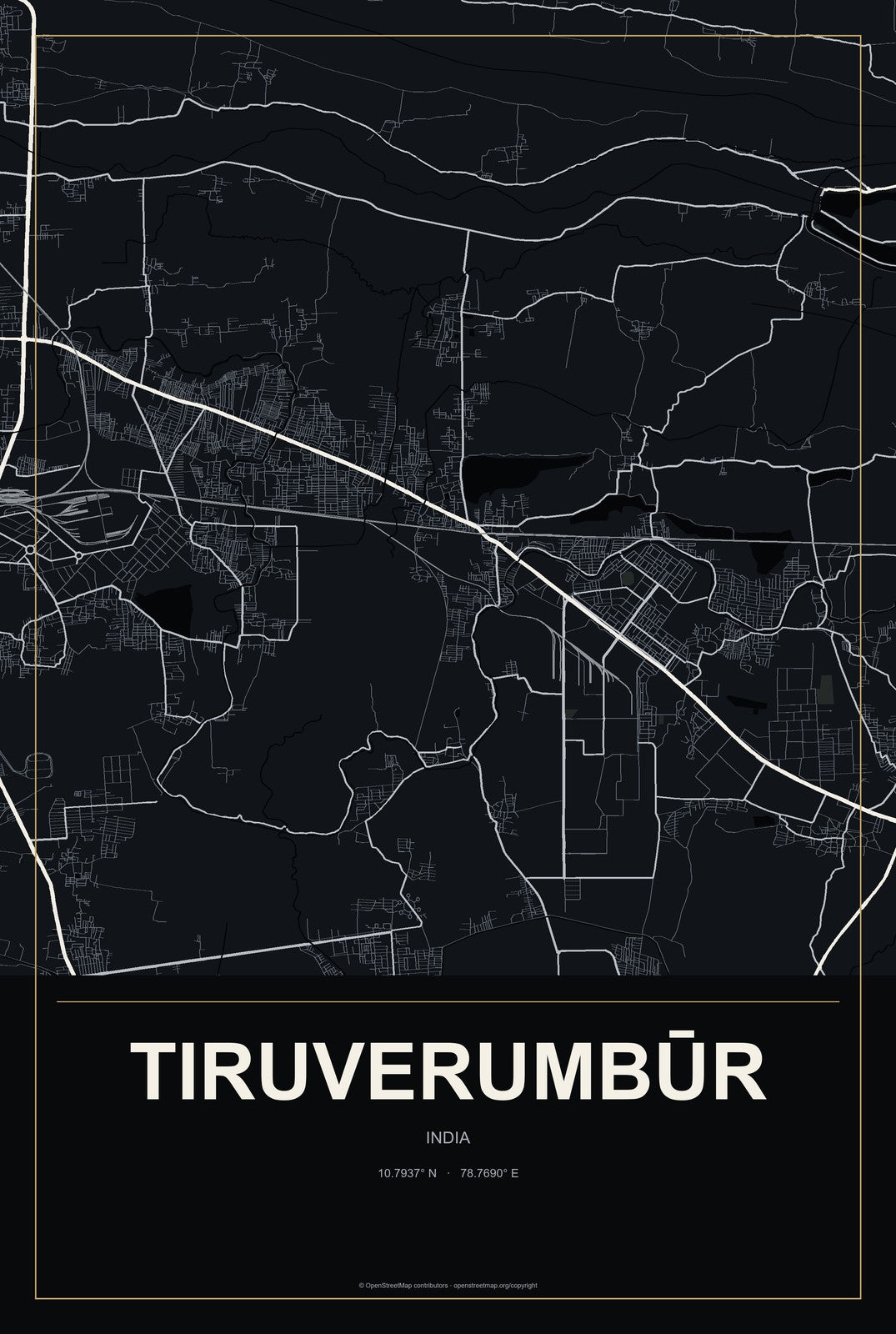 Tiruverumbūr, India City Map Aluminum Sign in Metropolitan Noir style