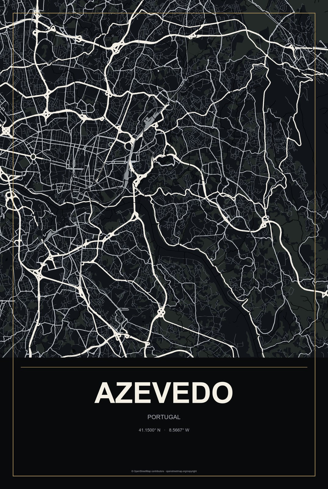 Azevedo, Portugal City Map Aluminum Sign in Metropolitan Noir style