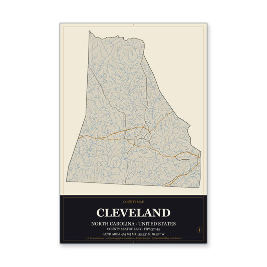 Cleveland County, North Carolina Map Aluminum Sign in Museum Plaque style