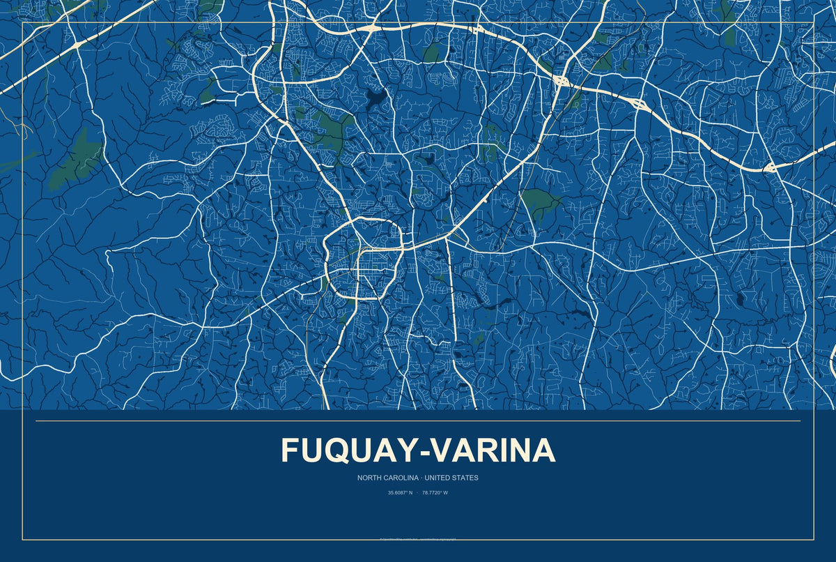 Fuquay-Varina, North Carolina City Map Aluminum Sign in Harbor Cobalt style