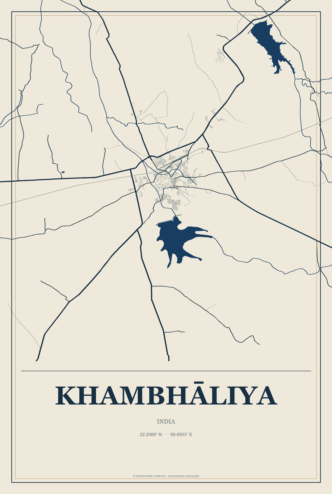 Khambhāliya, India City Map Aluminum Sign in Coastal Cutout style