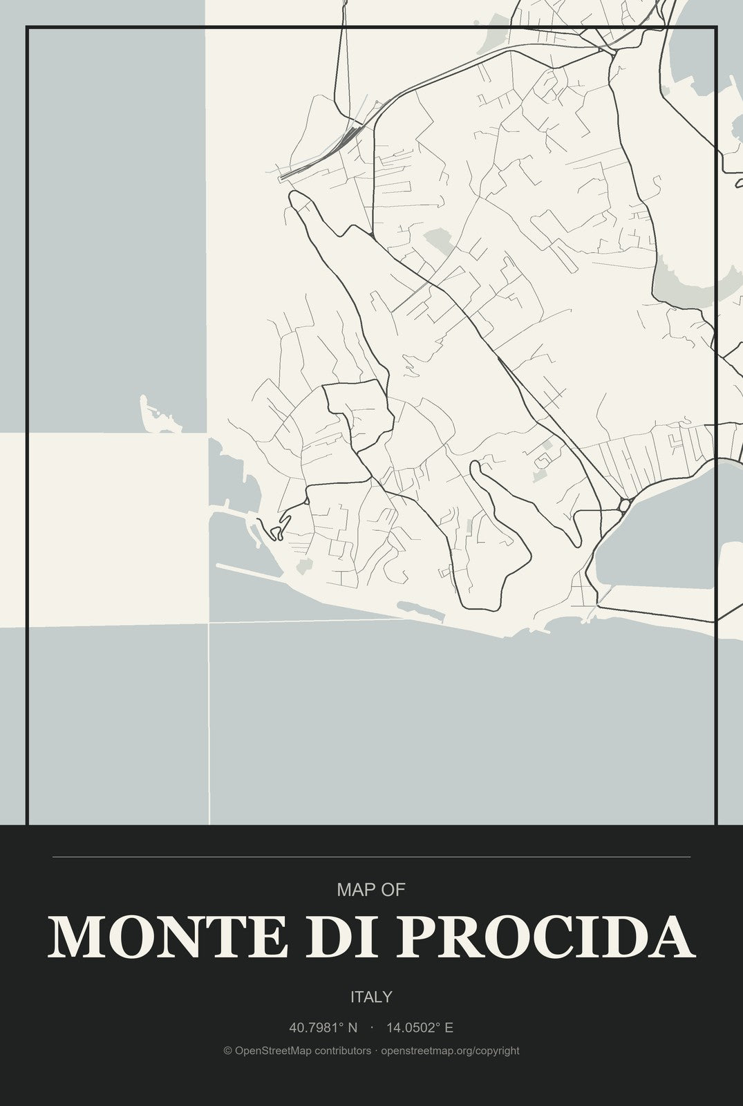 Monte di Procida, Italy City Map Aluminum Sign in Museum Plaque style