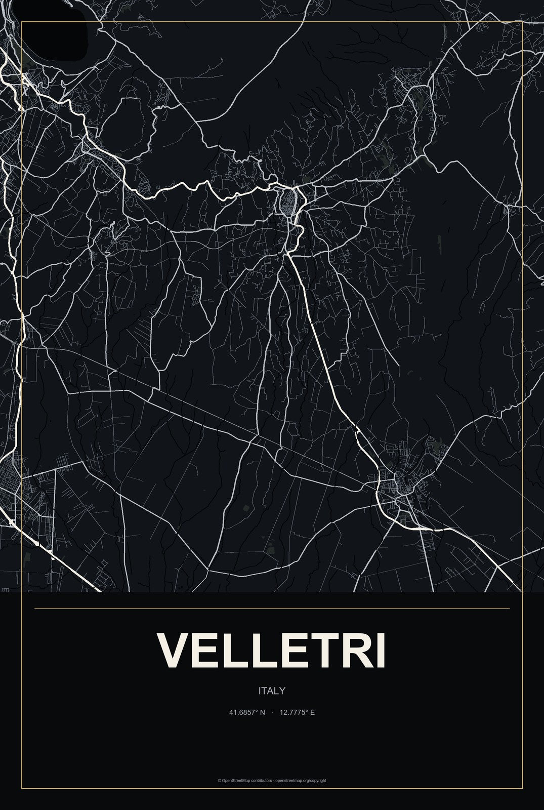 Velletri, Italy City Map Aluminum Sign in Metropolitan Noir style