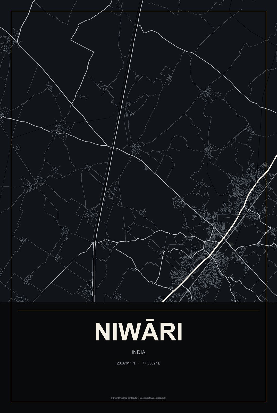 Niwāri, India City Map Aluminum Sign in Metropolitan Noir style